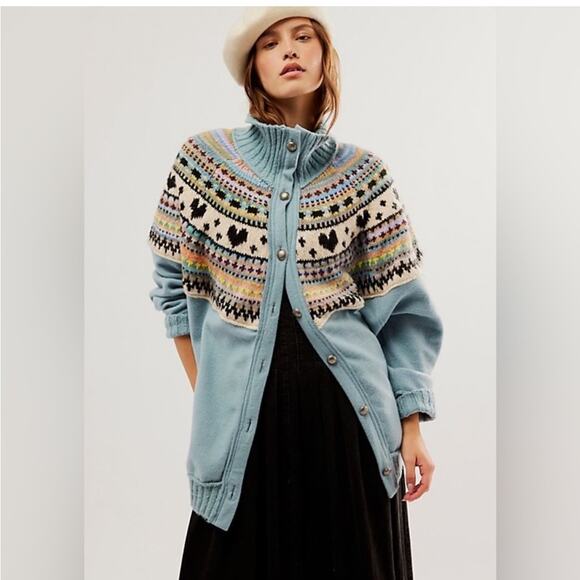 Free People Oversized Cardigan Large Emily Blue NWT - Picture 1 of 11
